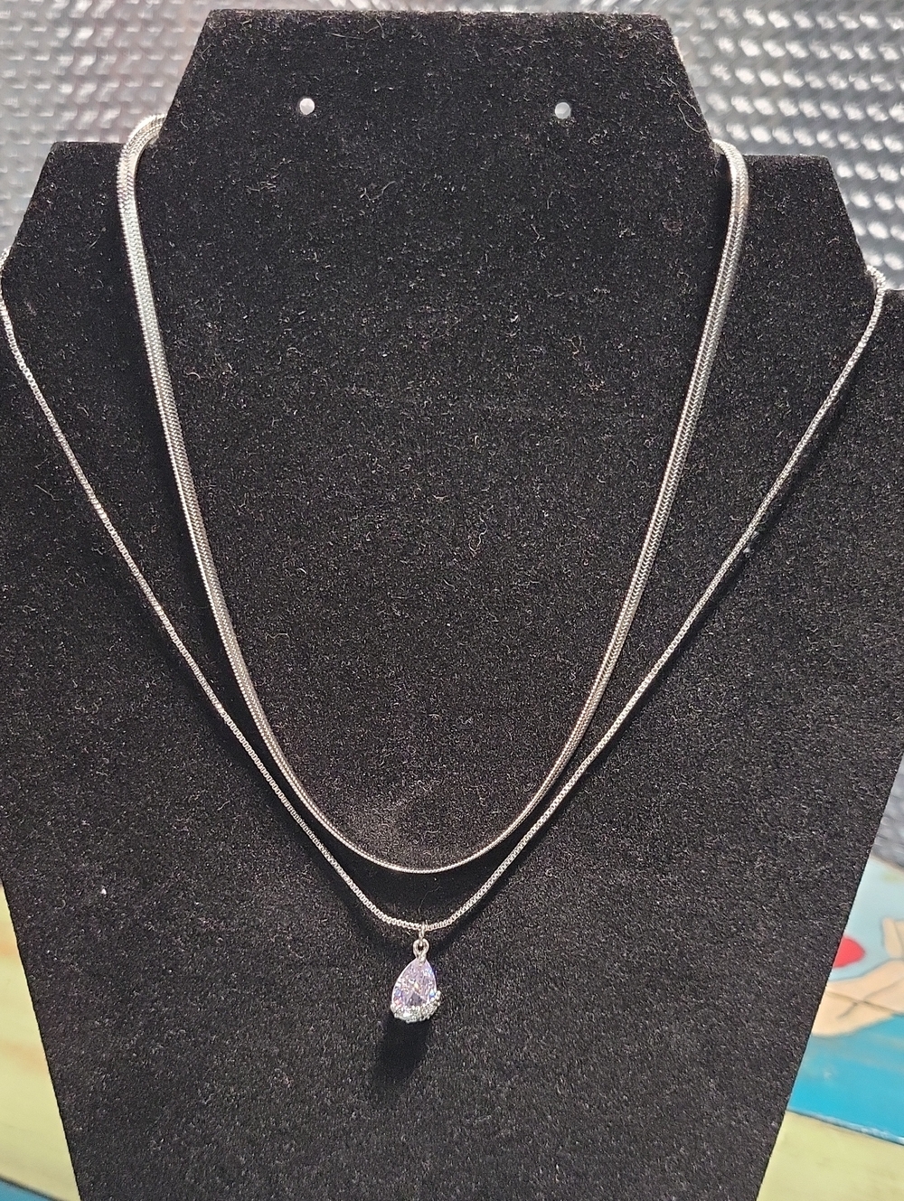 Sterling Silver Layered Necklace with Teardrop Crystal Pendant - Silver